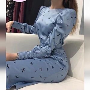 H&M Crane Bird Print Button Cuffs Light Blue Dress Sz 8